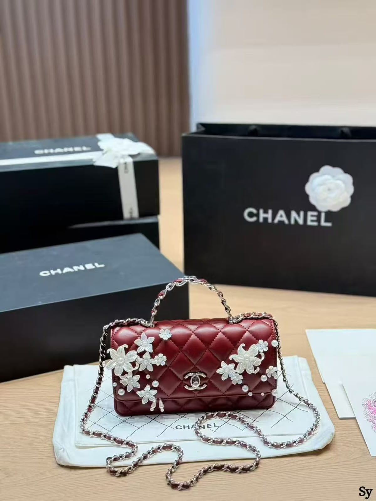 CHANEL Camellia Pearl Mini Flap Handbag with Box