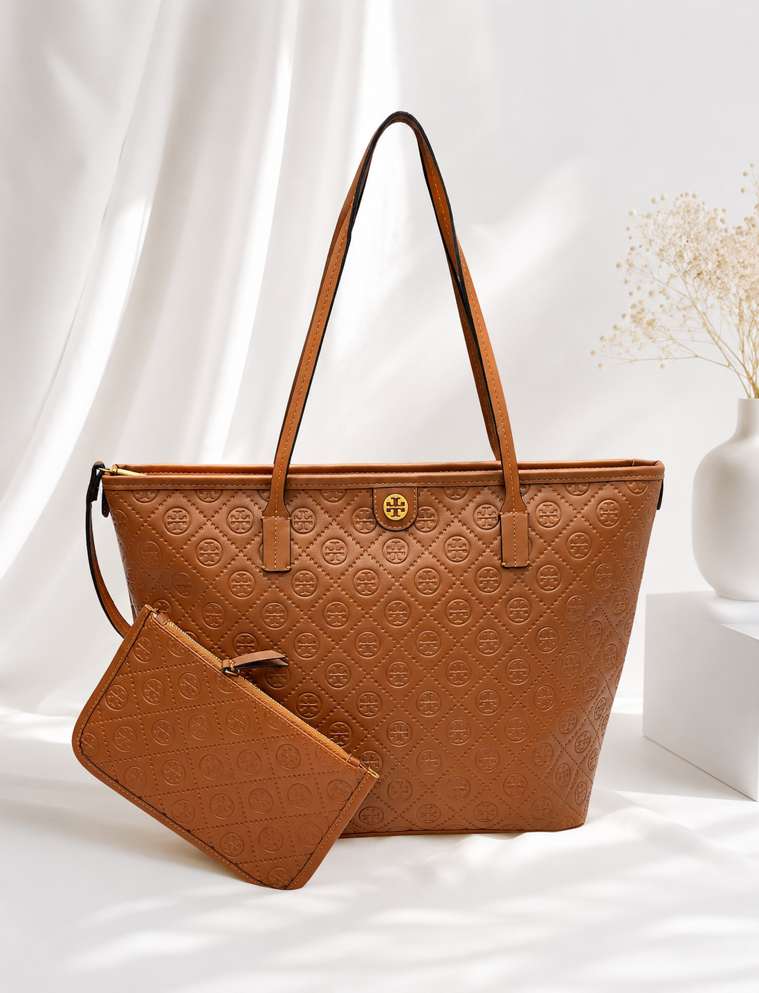 Tory Burch T Monogram Embossed Leather Tote Bag with Box