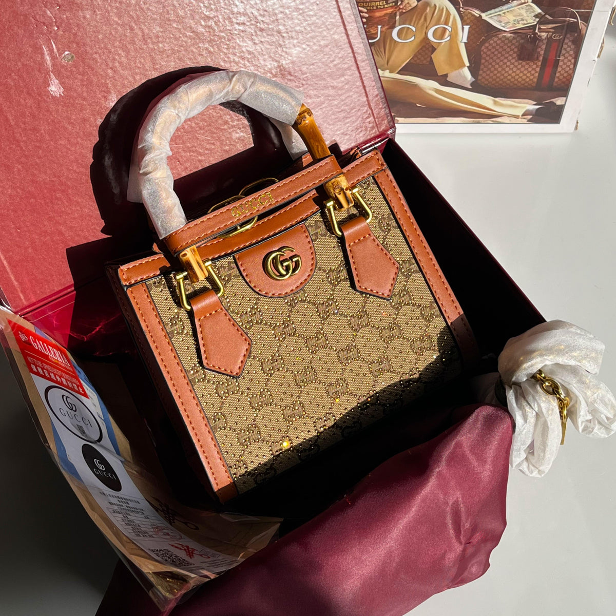 Gucci Diana crystals small tote bag with Box