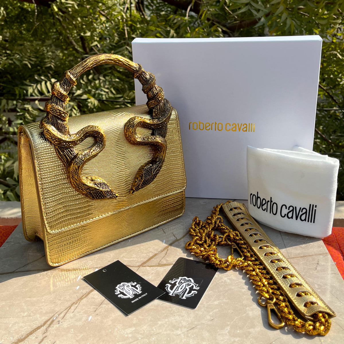 Roberto Cavalli Snake Embellished Handbag with Box