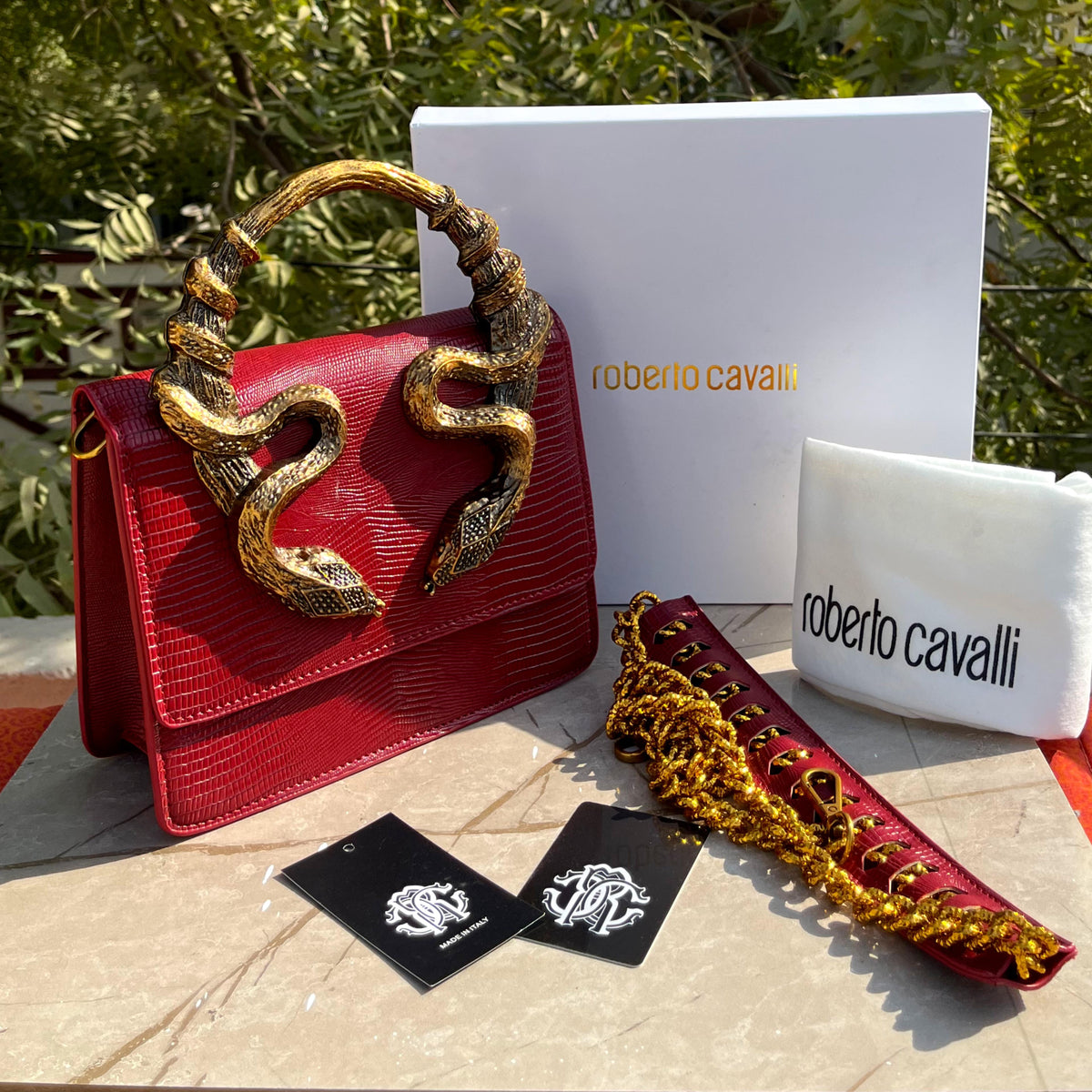 Roberto Cavalli Snake Embellished Handbag with Box