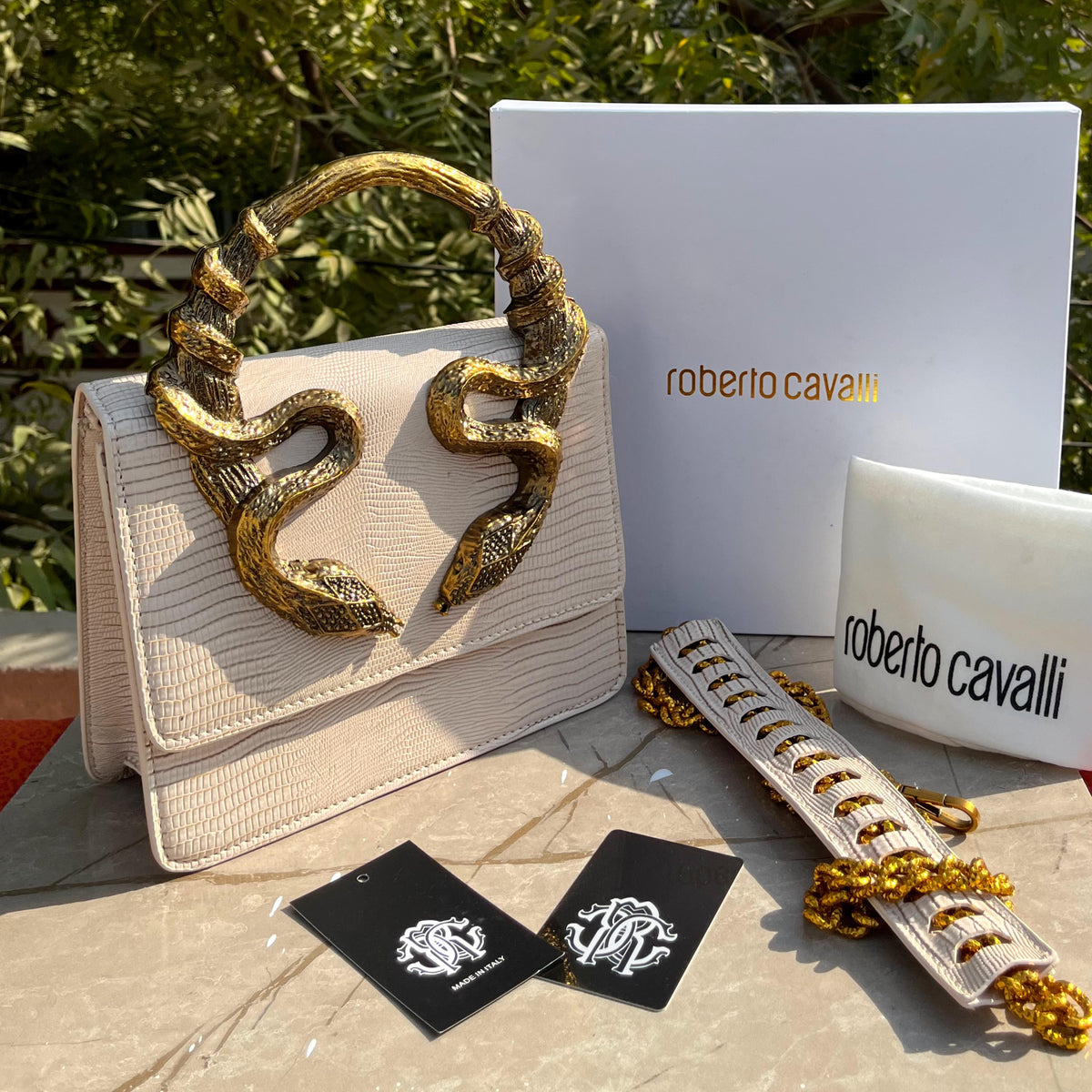 Roberto Cavalli Snake Embellished Handbag with Box