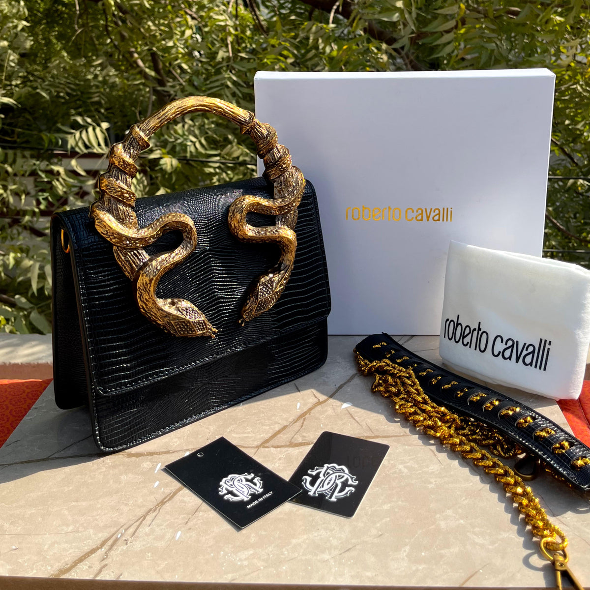 Roberto Cavalli Snake Embellished Handbag with Box