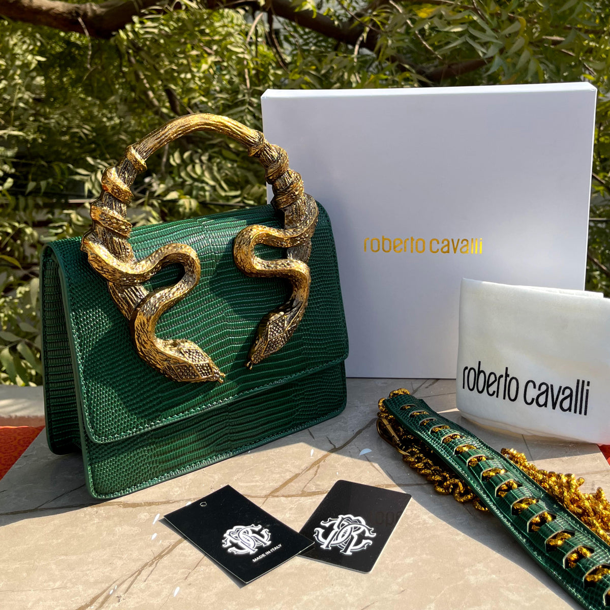 Roberto Cavalli Snake Embellished Handbag with Box