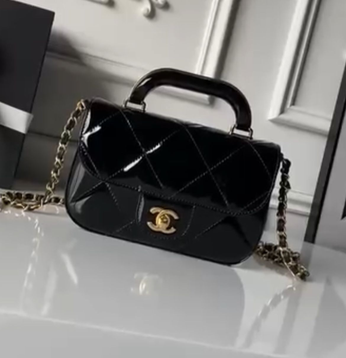 CHANEL | Metallic Mirror Calfskin Large Top Handle Clutch With Chain with Box