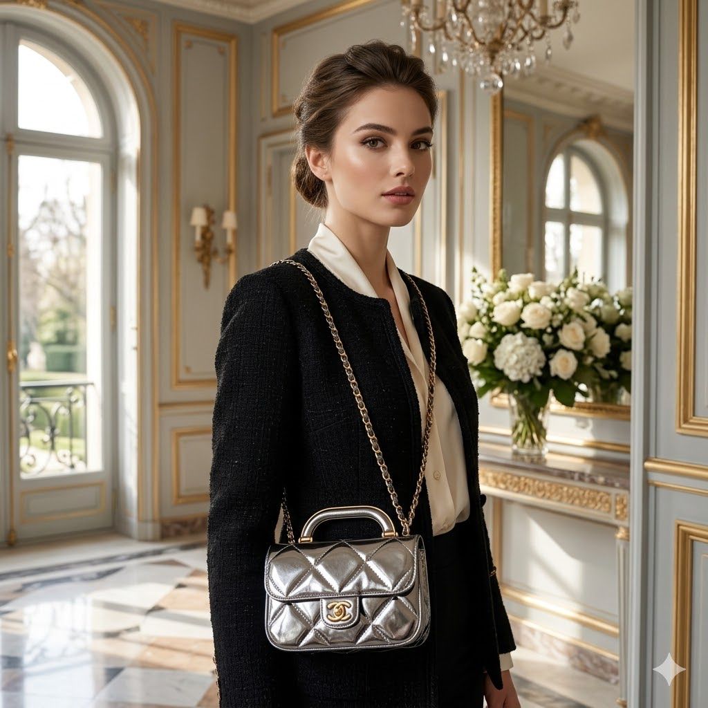 CHANEL | Metallic Mirror Calfskin Large Top Handle Clutch With Chain with Box