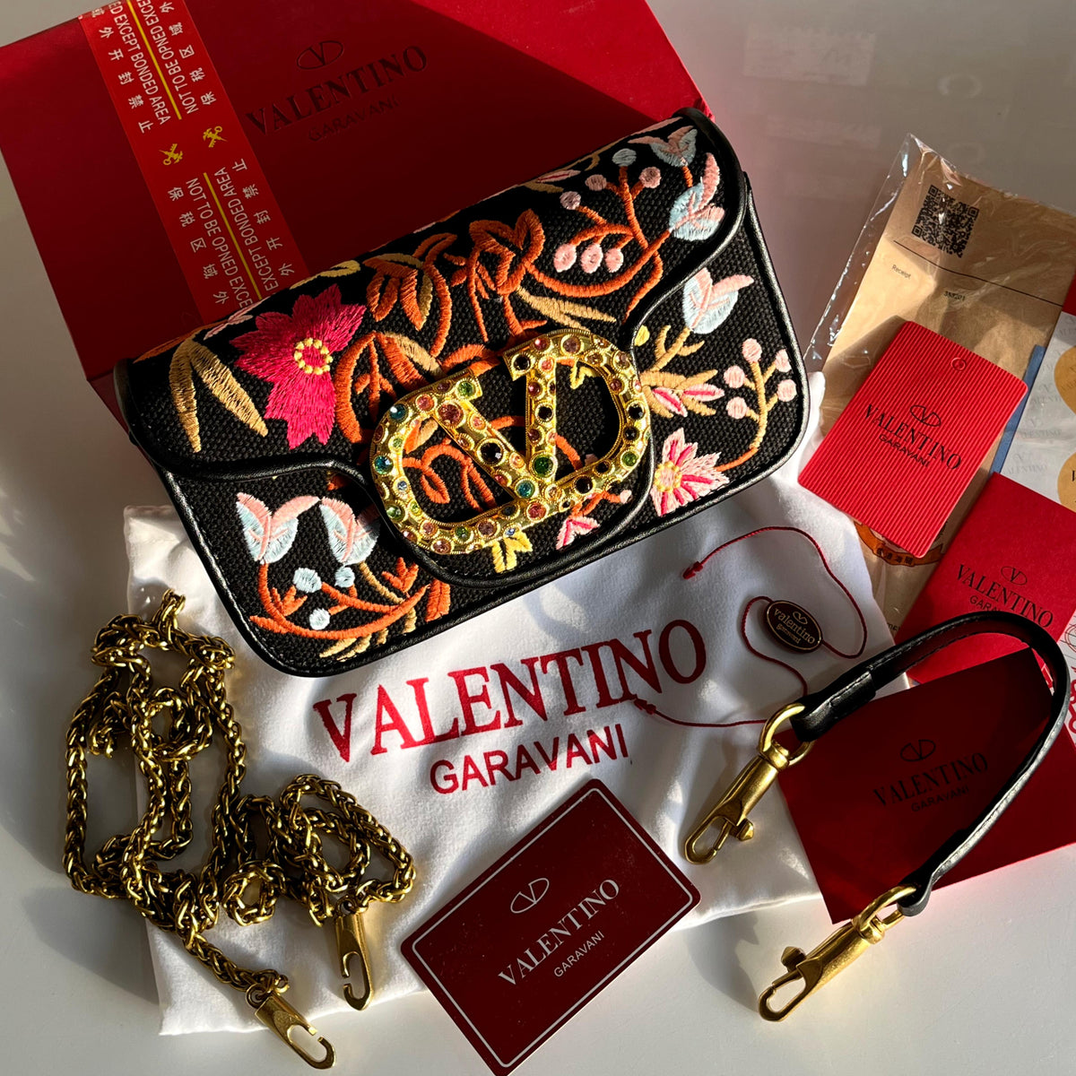 Valentino Garavani Vain Floral Embroidered Shoulder Bag with Box