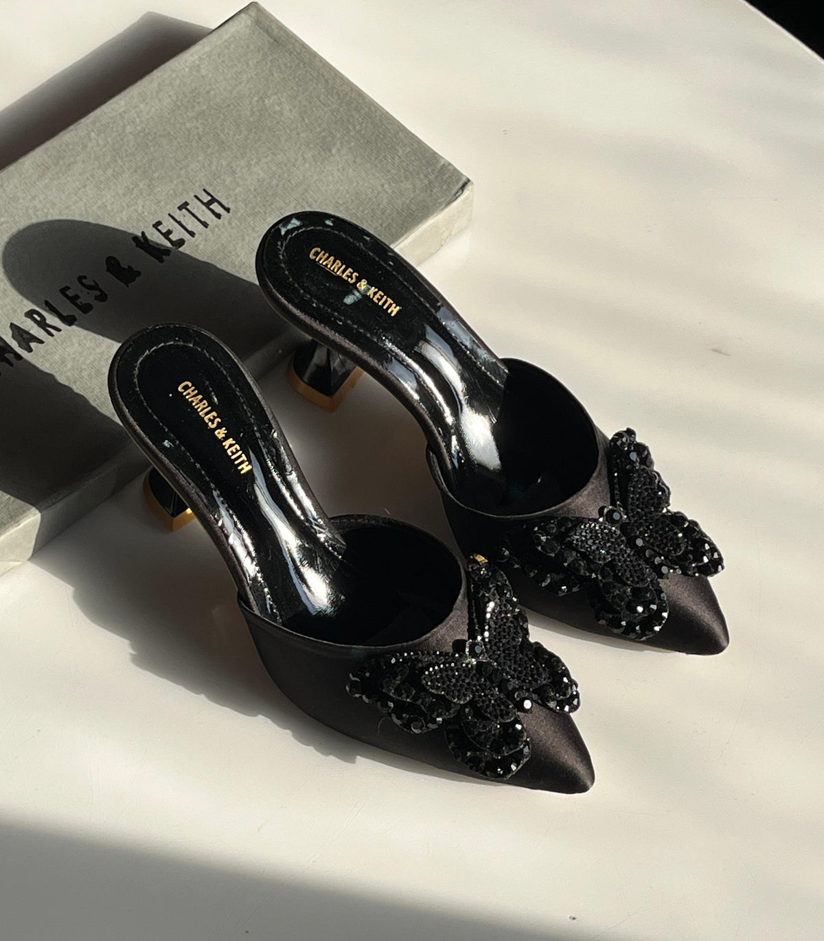 Charles & Keith Satin Butterfly Embellished Pointed-Toe Mules
