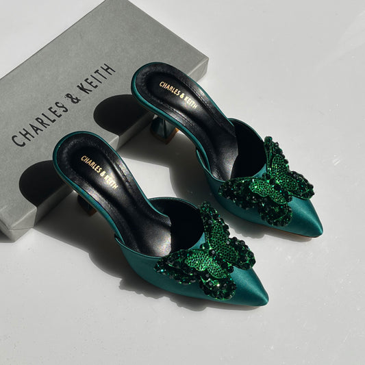 Charles & Keith Satin Butterfly Embellished Pointed-Toe Mules