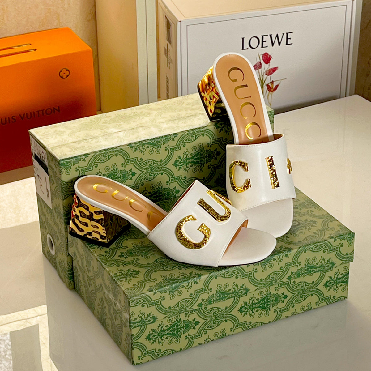 Gucci Inspired Metal-Letter Embellished Slide Sandals
