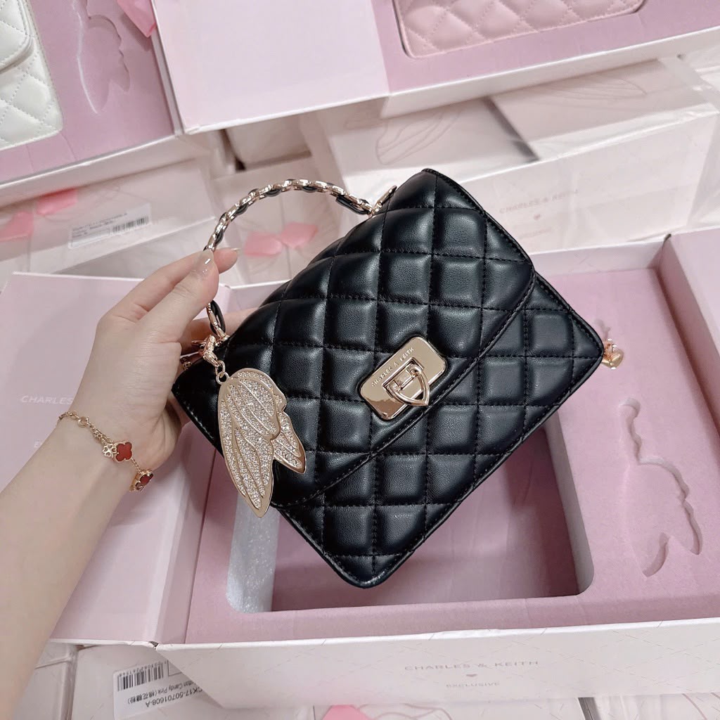 CHARLES & KEITH | Cressida Quilted Top Handle Bag With Bag Charms with Box