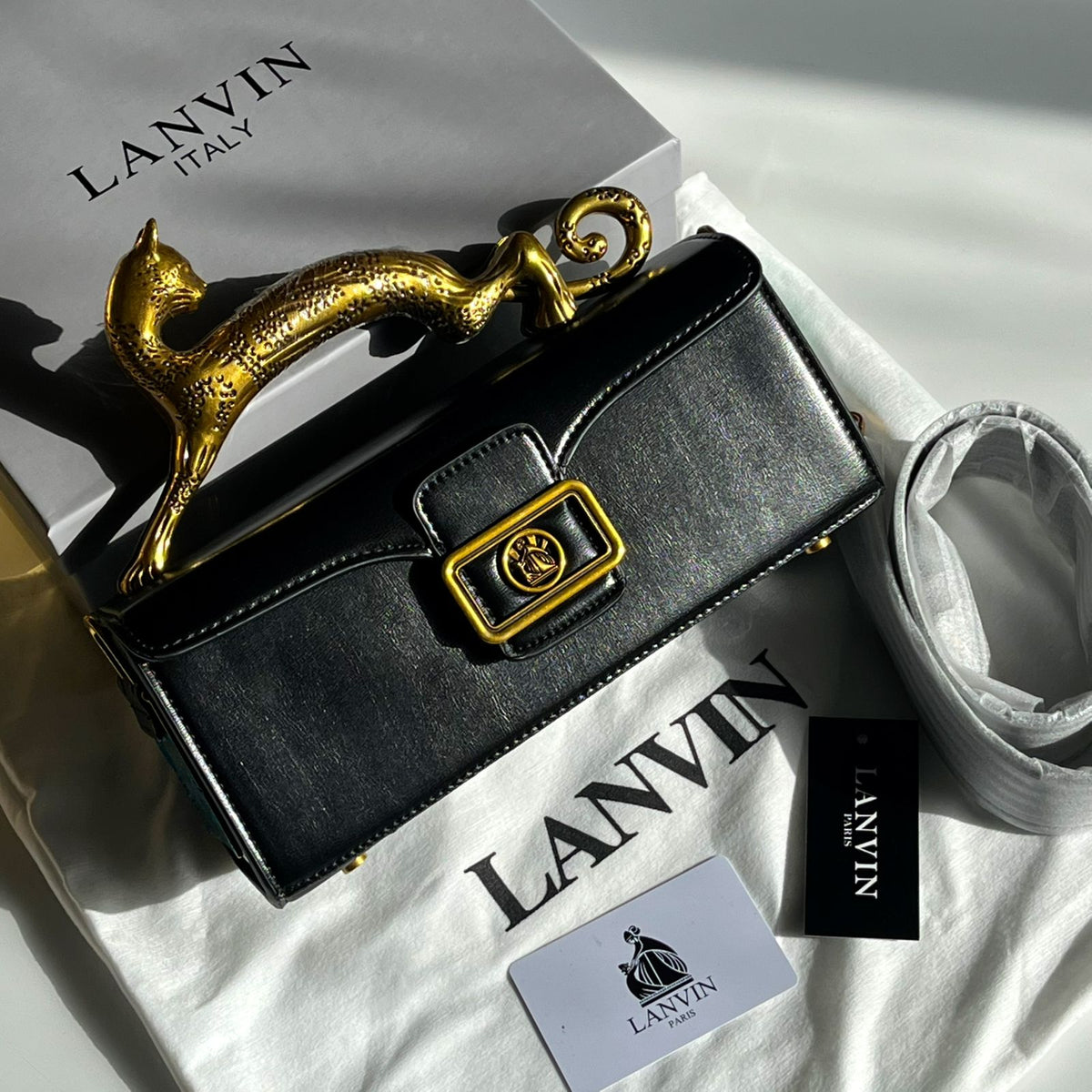 LANVIN | Pencil Cat Bag in Shiny Leather & Rhinestones with Box