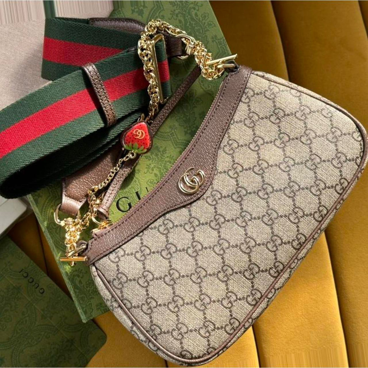 GUCCI Ophidia Strawberry Shoulder Bag with Box