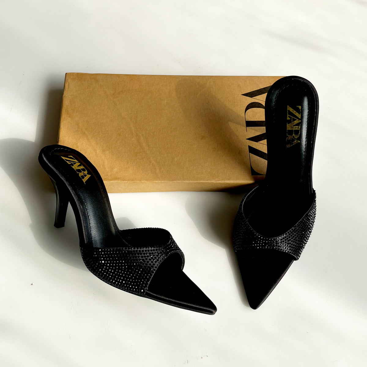 Zara Embellished Satin Heeled Mules