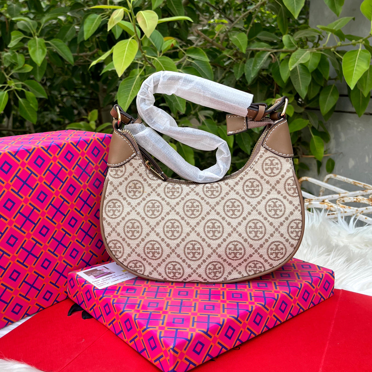Tory Burch T Monogram Crescent Bag with Box
