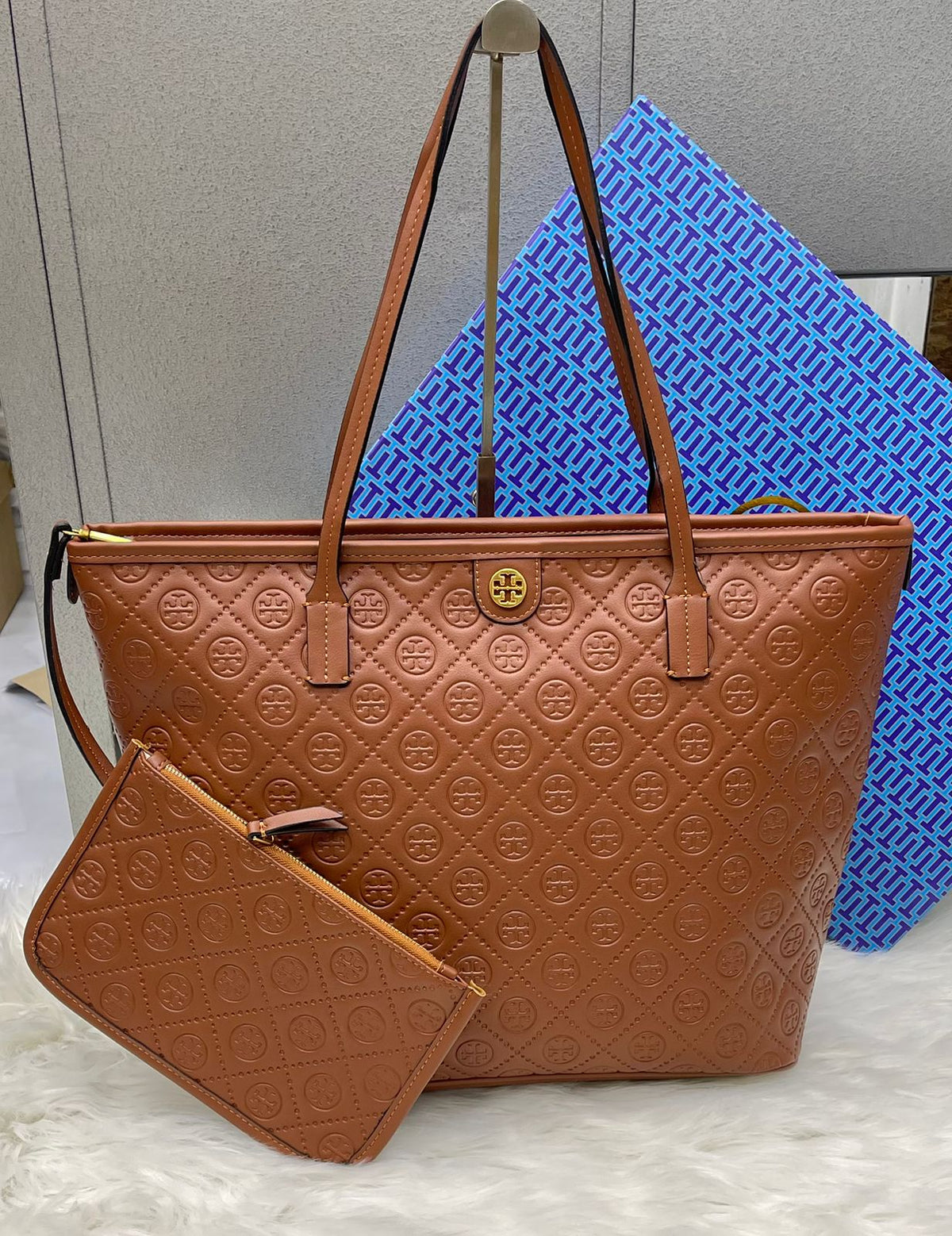 Tory Burch T Monogram Embossed Leather Tote Bag with Box