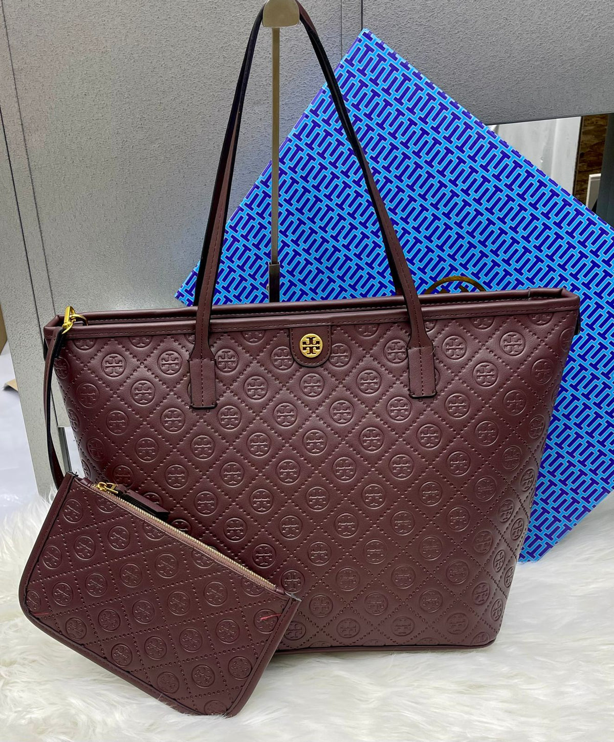 Tory Burch T Monogram Embossed Leather Tote Bag with Box