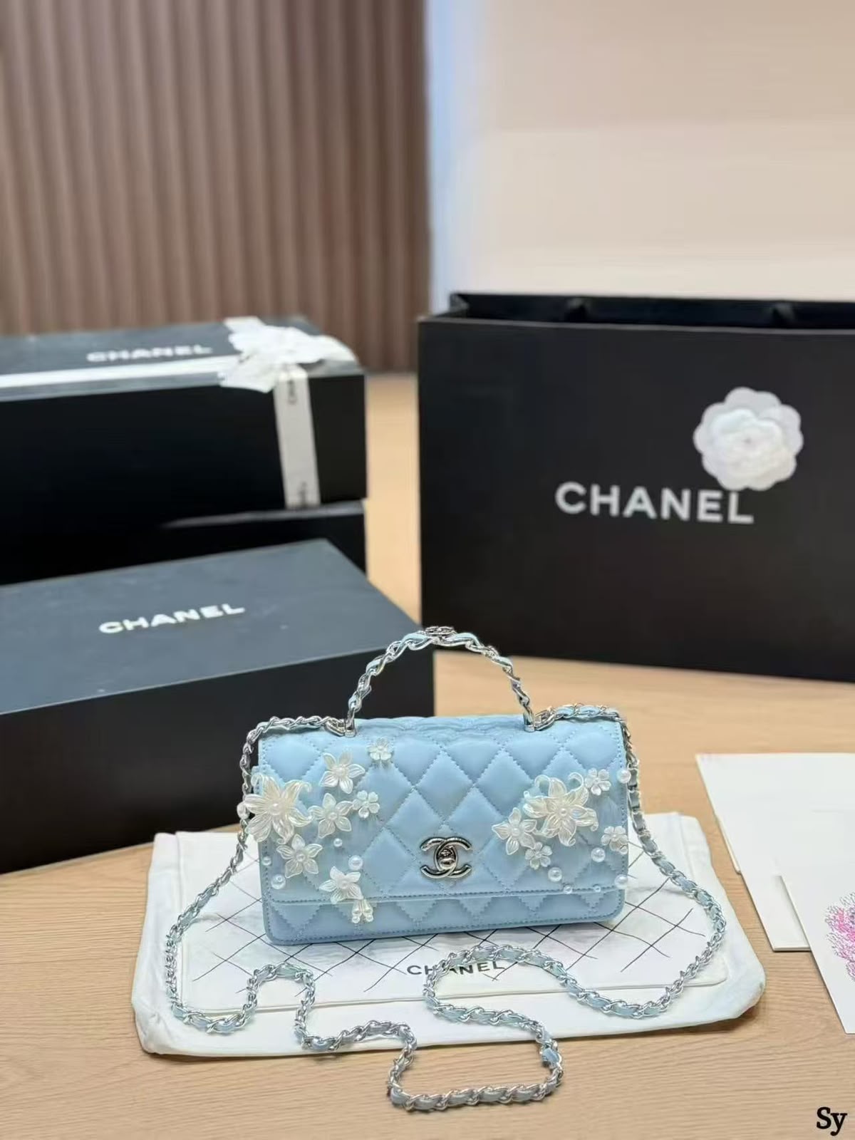 CHANEL Camellia Pearl Mini Flap Handbag with Box