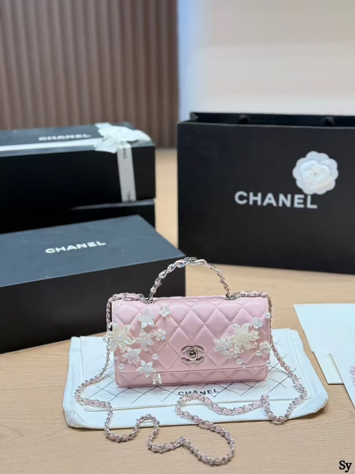 CHANEL Camellia Pearl Mini Flap Handbag with Box