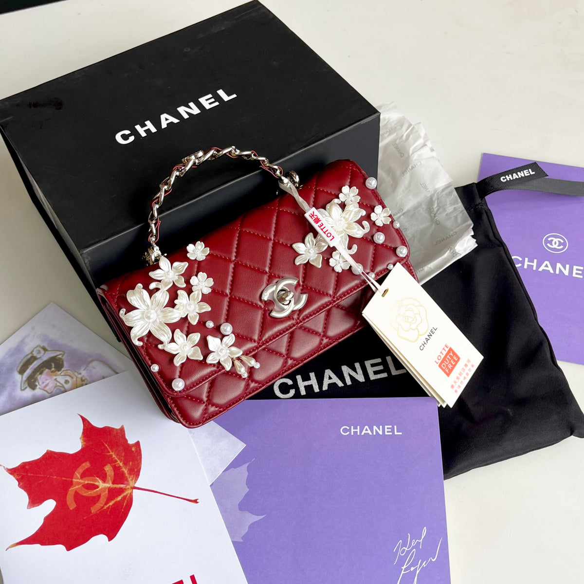 CHANEL Camellia Pearl Mini Flap Handbag with Box