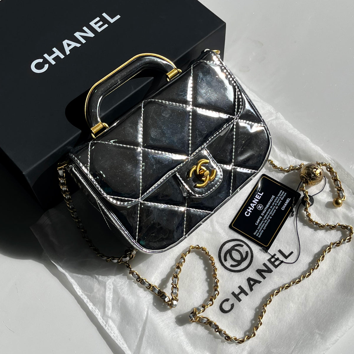 CHANEL | Metallic Mirror Calfskin Large Top Handle Clutch With Chain with Box