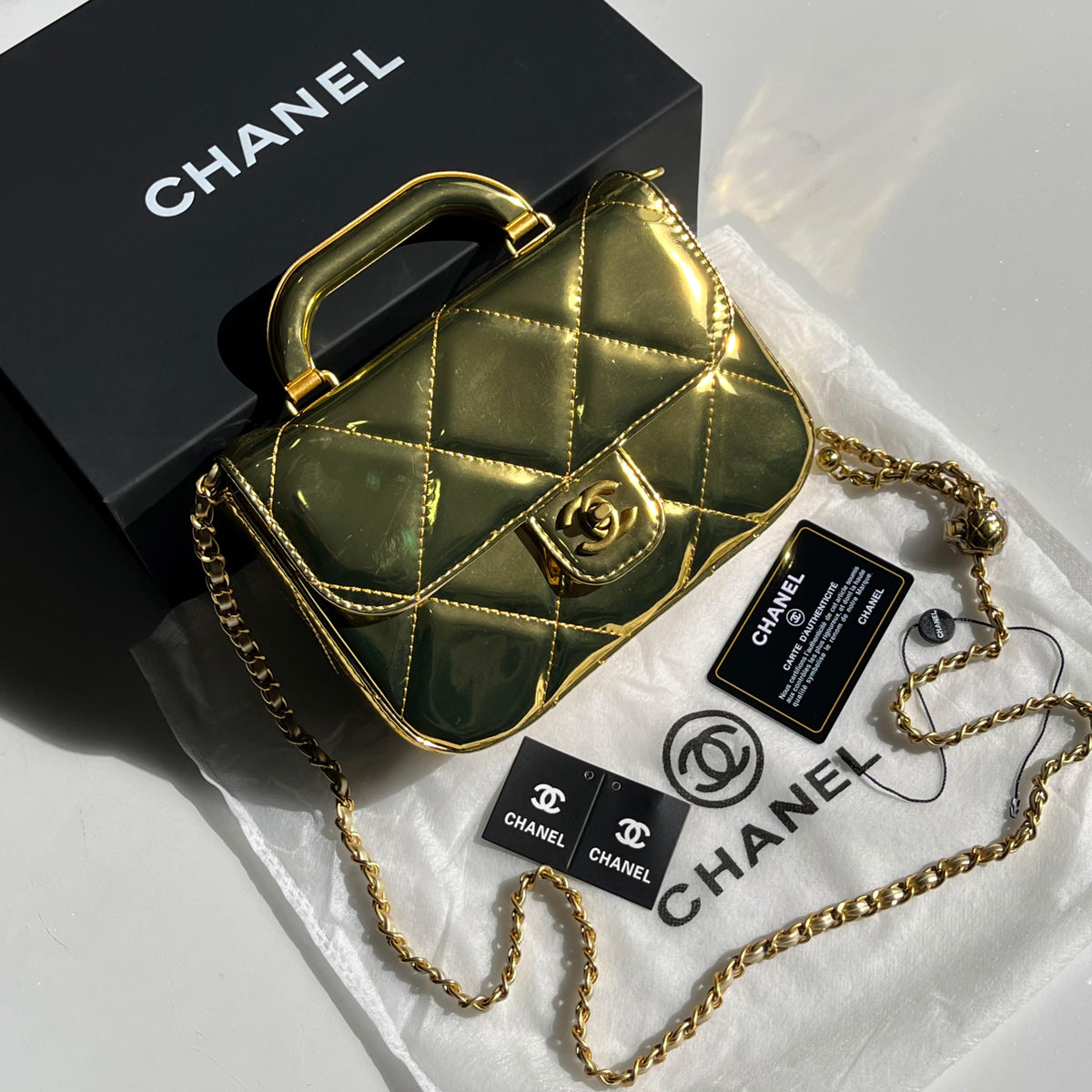 CHANEL | Metallic Mirror Calfskin Large Top Handle Clutch With Chain with Box