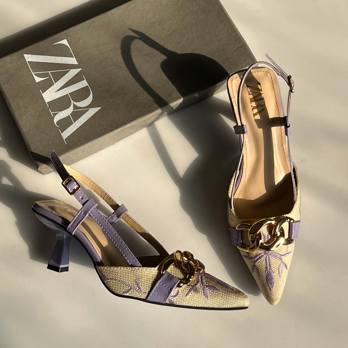 ZARA Floral Embroidered Chain Slingback Heels
